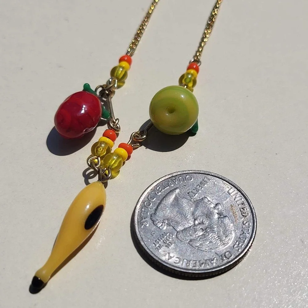 Vintage Glass Bead Fruit Necklace Gold Tone Banana Apple Charms